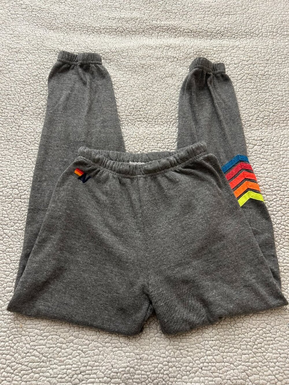 Aviator nation -- grey jogger sweatpants, rainbow logo on right leg